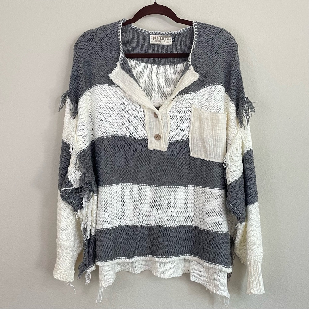 Bad Little Country Girl Stripped Henley Slouchy Knit Pullover Sweater Size Large